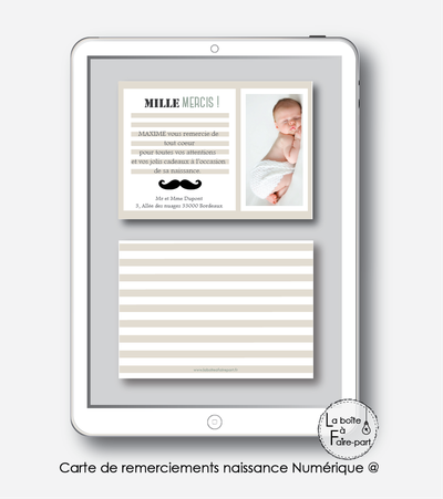  carte de remerciements naissance garçon numérique- moustache chapeau-carte de remerciement électronique -pdf imprimable-pdf numérique-faire part connecté-moustache -à imprimer soi-même-carte de remerciement naissance à envoyer par mail