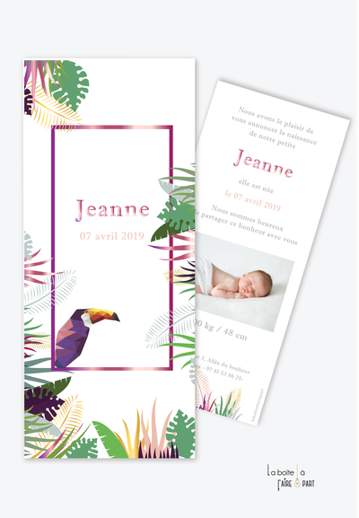 faire part naissance fille tendance et pas cher-faire part naissance moderne-tropical-toucan-format marque page-palmier-jungle-oiseau-animal