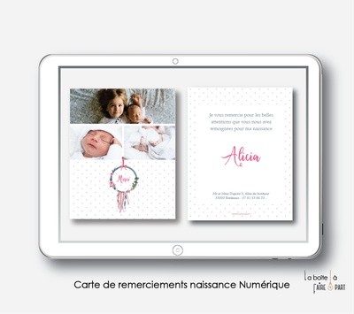 carte de remerciements naissance fille numérique-carte de remerciement électronique -pdf imprimable-pdf numérique-faire part connecté- attrape reves fleuri-à imprimer soi-même-carte de remerciement naissance à envoyer par mail