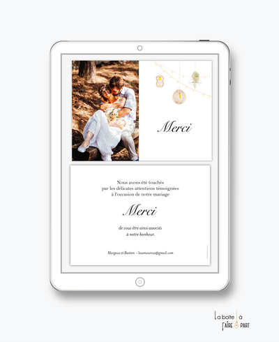 carte de remerciements mariage numérique-electronique-digital- lustre en osier-guirlande-plante suspendue-en paille