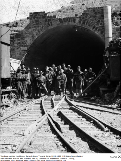 Workers outside the Homer Tunnel sometime after 1940 when 'hole-through' was achieved. Photo by Thelma Kent Turnbull, Collection, Wellington.