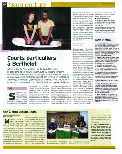 Le Cri de la Chenille - Article dans le Journal TOUS MONTREUIL à l'occasion du festival "Court au Théâtre" 2014 et du partenariat d'adlib444 avec l'association des Amis du Théâtre Berthelot de Montreuil.