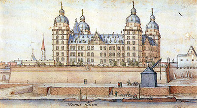 Schloss Johannisburg in Aschaffenburg. Feder über Aquarell auf Papier von W. Hollar. 1636.