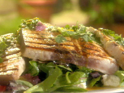 Grilled swordfish with Sicilian sauce