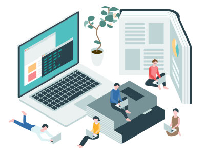 ページがめくられた本。ノートパソコン。グリーンの鉢植。イキイキ仕事する社員たち。