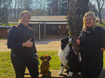 Zwei Personen stehen mit Daumen hoch vor einem Baum, zwischen ihnen sitzt ein kleiner brauner Hund und ein großer schwarz-weißer Hund.