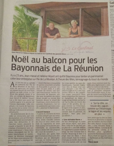 Article de presse retraçant l'histoire d'Hélène et Jean-Hervé Hiquet,  fondateurs de la résidence Le Cardinal des Grands Bleus à Saint-Leu, La Réunion