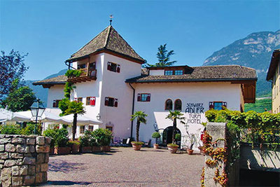 Vista esterna dell'Hotel Schwarz Adler Turmhotel a Cortaccia in Alto Adige