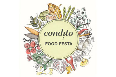 Condito Bozen Food Festa Logo mit Illustrationen von Gemüse, Kräutern und Küchenutensilien – kulinarisches Event mit Streetfood, Kreativität und Genuss