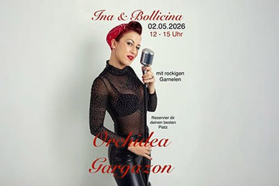 Ina & Bollicina all’Orchidea Gargazon: cantante Ina con microfono, live rock’n’roll dalle 12 alle 15, evento con bollicine e gamberi al Bistro Orchidea.