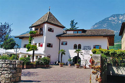 Außenansicht auf das Schwarz Adler Turmhotel in Kurtatsch in Südtirol