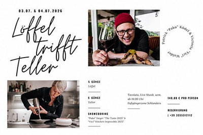 Speckeggele Schlanders – Event „Löffel trifft Teller“ mit Showcooking von Vici Walder & Pako Ködel, 10-Gänge-Menü, Tavolata und Genussabend im Vinschgau