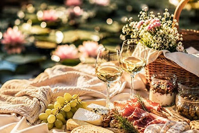 Picknick am Seerosenteich in den Gärten von Schloss Trauttmansdorff in Meran mit Wein, Südtiroler Spezialitäten, Blumen und romantischer Abendstimmung.