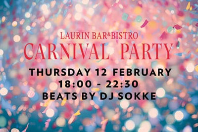 Locandina del Carnival Party al Laurin Bar & Bistro di Bolzano: Musica, festa di carnevale giovedì 18:00–22:30 tra coriandoli e atmosfera festosa.