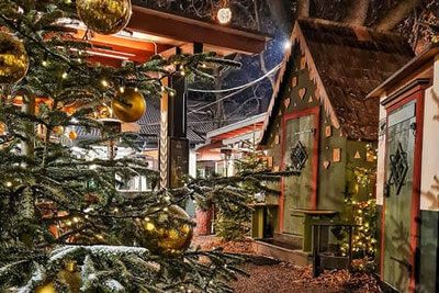 Bosco natalizio addobbato a festa presso Forst in Lagundo con albero di Natale illuminato, palline dorate e casette decorate con cura: suggestiva atmosfera natalizia in Alto Adige.