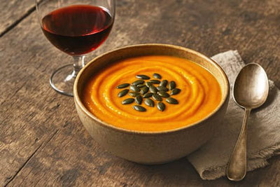 Cremige Kürbissuppe mit Kürbiskernen, serviert in einer Keramikschüssel auf rustikalem Holztisch, dazu ein Glas Rotwein und ein Löffel auf Stoffserviette bei der Gruppe Südtiroler Gasthaus