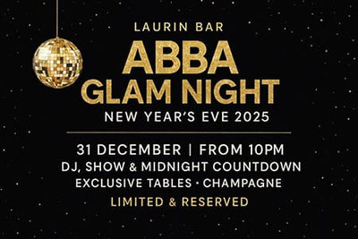 Digitales Querformat-Poster für die ‚ABBA Glam Night – New Year’s Eve 2025‘ in der Laurin Bar, mit Glam-Design, Disco-Elementen und Champagner-Highlight.