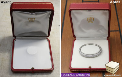 Réparation d'un intérieur d'écrin à bijoux haute joaillerie Cartier, boîte en cuir blanc avec extérieur rouge. Florence Larochas, haute joaillerie.