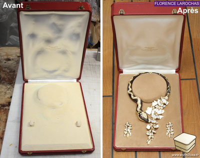 Avant / Après réparation d'un écrin à bijoux ancien de Chaumet, représentant un serpent, par Florence Larochas, haute joaillerie.