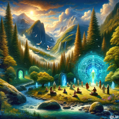 Un groupe de personnes médite dans une vallée verdoyante, entouré de montagnes majestueuses et de portails lumineux, illustrant un atelier de méditation et d'éveil spirituel en communion avec la nature