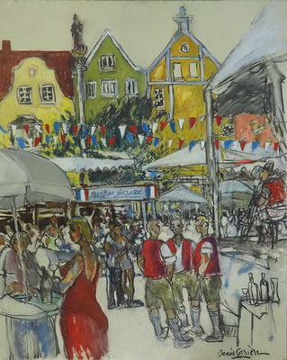 20-Weilhem, fête de la bière, technique mixte (fusain, pastel, huile) sur bois médium, format 65 cm x 81 cm, prix : 950 €