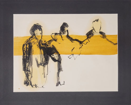 Kohle, Öl, Pigment auf Zeichenpapier im Passepartout