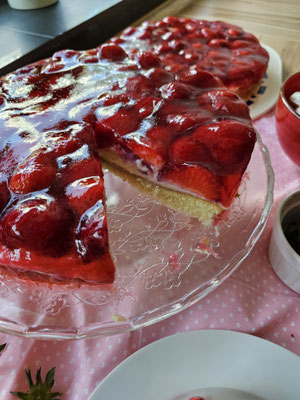 Erdbeerkuchen mit Biskuitboden und Vanillepudding - klassisches Erdbeerrezept