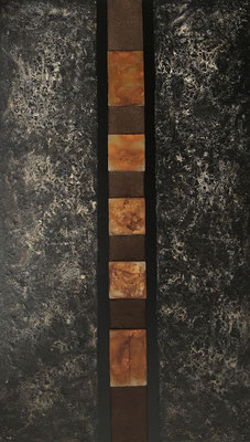 "Festigkeit", Acryl auf Leinwand 120 x 70 cm, Dekorationsverhärter, Kaffeesatz, Eisenplatten verrostet 