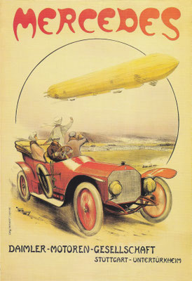 Franse affiche uit 1911 van Henri Rudeaux met een Mercedes 14/30 pk open toerwagen en een zeppelin.