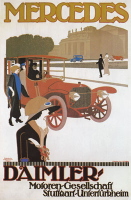 Affiche uit ~ 1910. Een Mercedes in de Stuttgarter paleistuinen. Het gebouw werd in gebruik genomen als Staatsopera en bestaat nog.