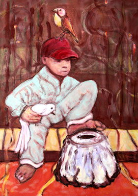 Das ICH als Vogelfänger (2024) oil, tempera, acrylic on canvas 120 x 85 cm