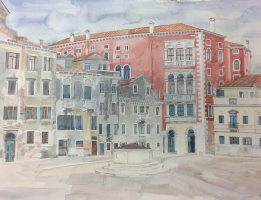 Campo S. Polo mit Palazzo Corner-Mocenigo, Otto Eberhardt, 1995, Aquarell, Papier, 63x48,5cm, ID1547