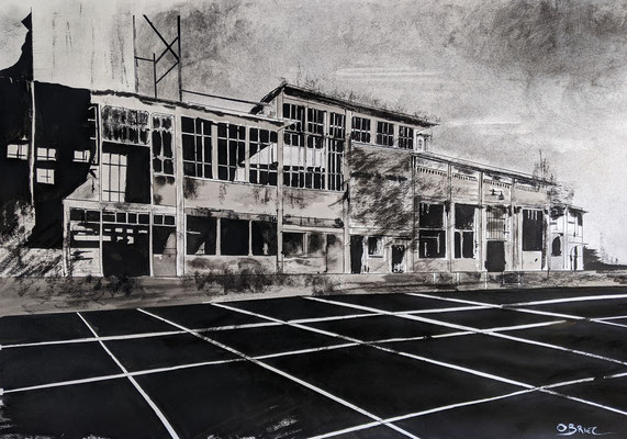 Usine abandonnée - Encre de chine et fusain - 40x60
