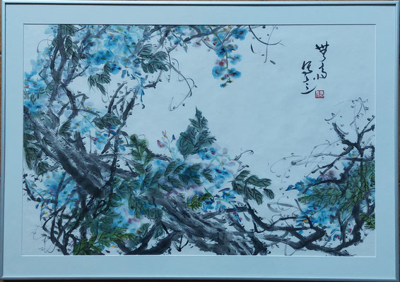 Liu Bin: Im Schatten junger Blüten. Farbe und Tusche auf Papier, Rahmengröße 78 x 56 cm Preis 490 Euro