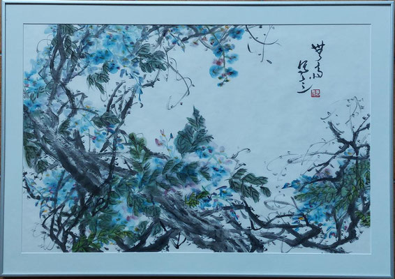 Liu Bin: Im Schatten junger Blüten. Farbe und Tusche auf Papier, Rahmengröße 56 x78 cm Preis 400 €