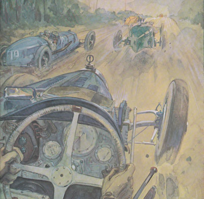 Kunstwerk van Geo Ham met Bugatti's T 35 uit L'Illustration 1928.