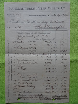 Rechnung von 1907 über diverse Fahrradteile (noch handschriftlich)