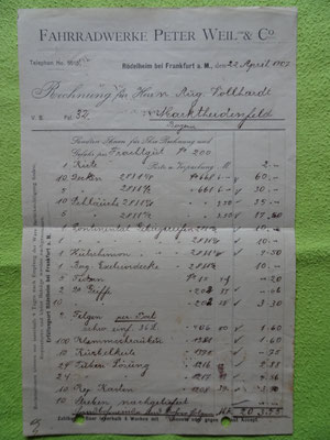 Rechnung von 1907 über diverse Fahrradteile (noch handschriftlich)
