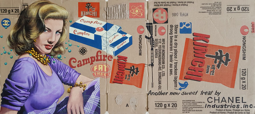 Gemälde 747,CAMPFIRE,   Acryl auf Verpackungskarton  ,2022, 42  x 92 cm