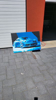 Entstehung vom Kunstwerk "BLUE DREAM", blauer Porsche, Künstler Martin Lingens