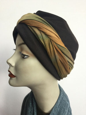 G 88 - Kopfbedeckungen kaufen - Seidenjersey-Foulard und Chäppli - elegant und klassisch - braungrün