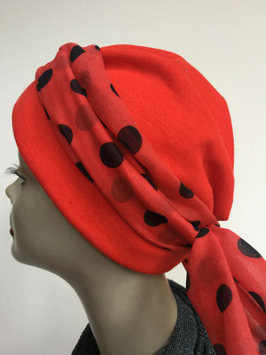 Wi 27 - Turban Nizza mit Schlaufe - rot mit schwarzen Tupfen - Kopfbedeckungen nach Chemo
