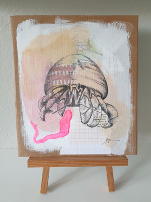 Einsiedlerkrebs, Acryl, Bleistift, ca. 21x24cm, 2025