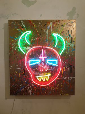 SYMPATHY FOR THE DEVIL 1, 2020, mixed media and neon light n wood, 80x70x6,5cm