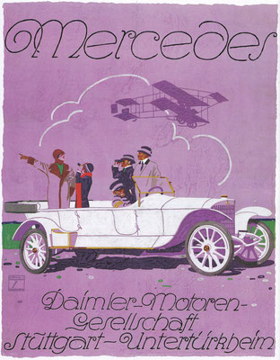 Affiche uit 1913 van Ludwig Hohlwein met een Mecedes 37/90 pk Kettingwagen.