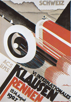 Affiche van E. de Coulon voor de Zwitserse Klausen-bergrace in 1927.