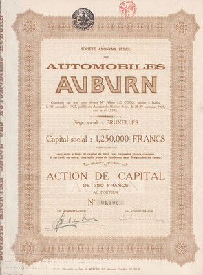 Aandeel S.A.  Belges des Automobiles Auburn uit 1925. De Belgische importeur van Auburn.