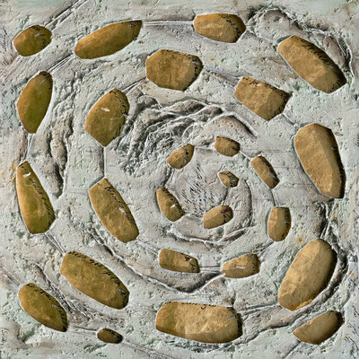 WIRKLICHKEITSBLASEN; Mischtechnik, Wurzeln und Blattgold, 150x150 cm
