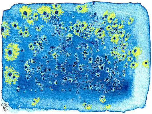 Titel: Ein Feld voller Sonnenblumen - Größe: 50 x 60 cm - Art: Aquarellzeichnung (Expressionismus) - © by Emil Pelz 2023