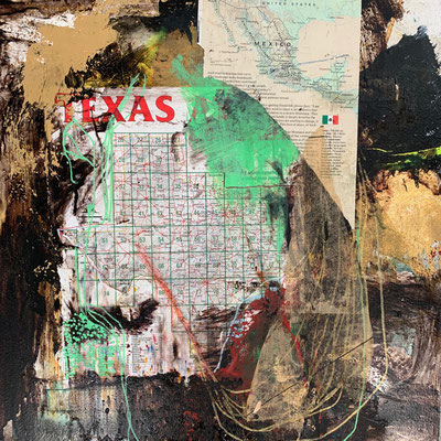 Aqui En Texas | (21.5 x 21.5 in) | paper, acrylic, dye, gold leaf and ink on panel | SOLD